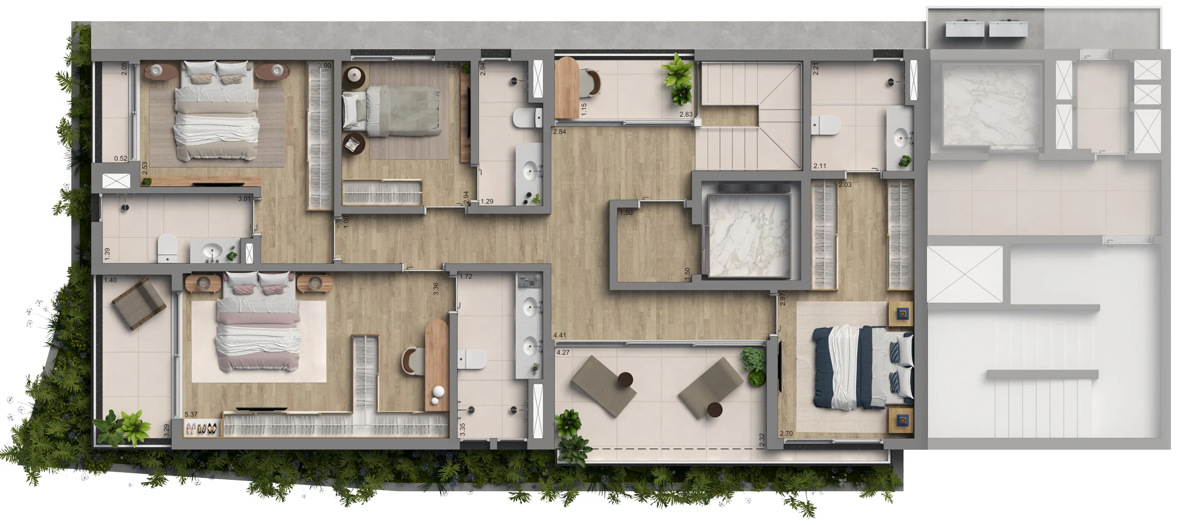 Planta do Duplex Final 1, pavimento A, com as suítes