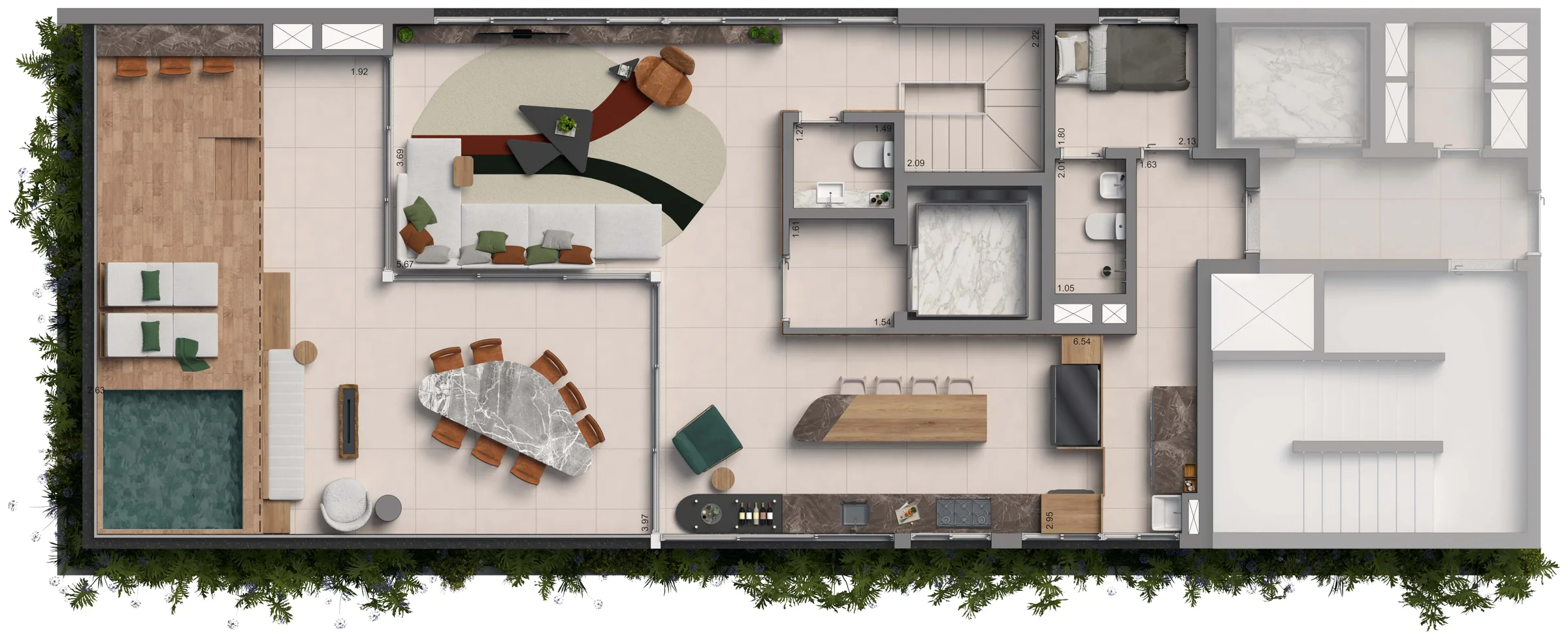 Planta do Duplex Final 1, pavimento B, com sala, cozinha e terraço