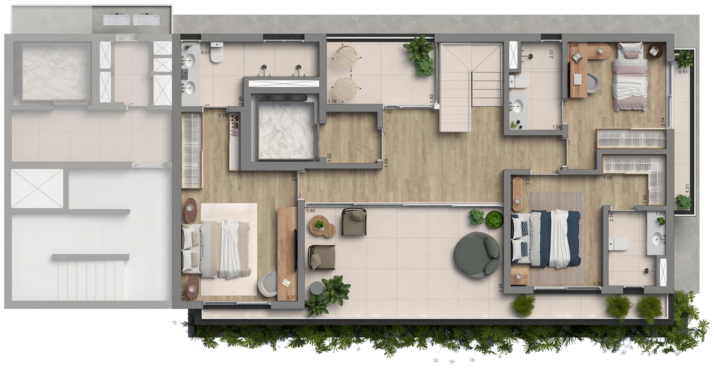 Planta do Duplex Final 2, pavimento A, com as suítes