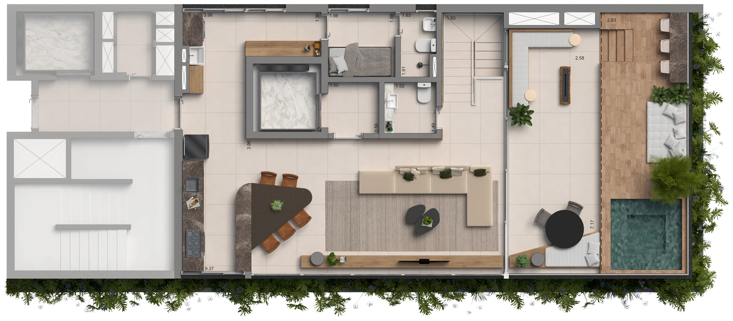 Planta do Duplex Final 2, pavimento B, com sala, cozinha e terraço