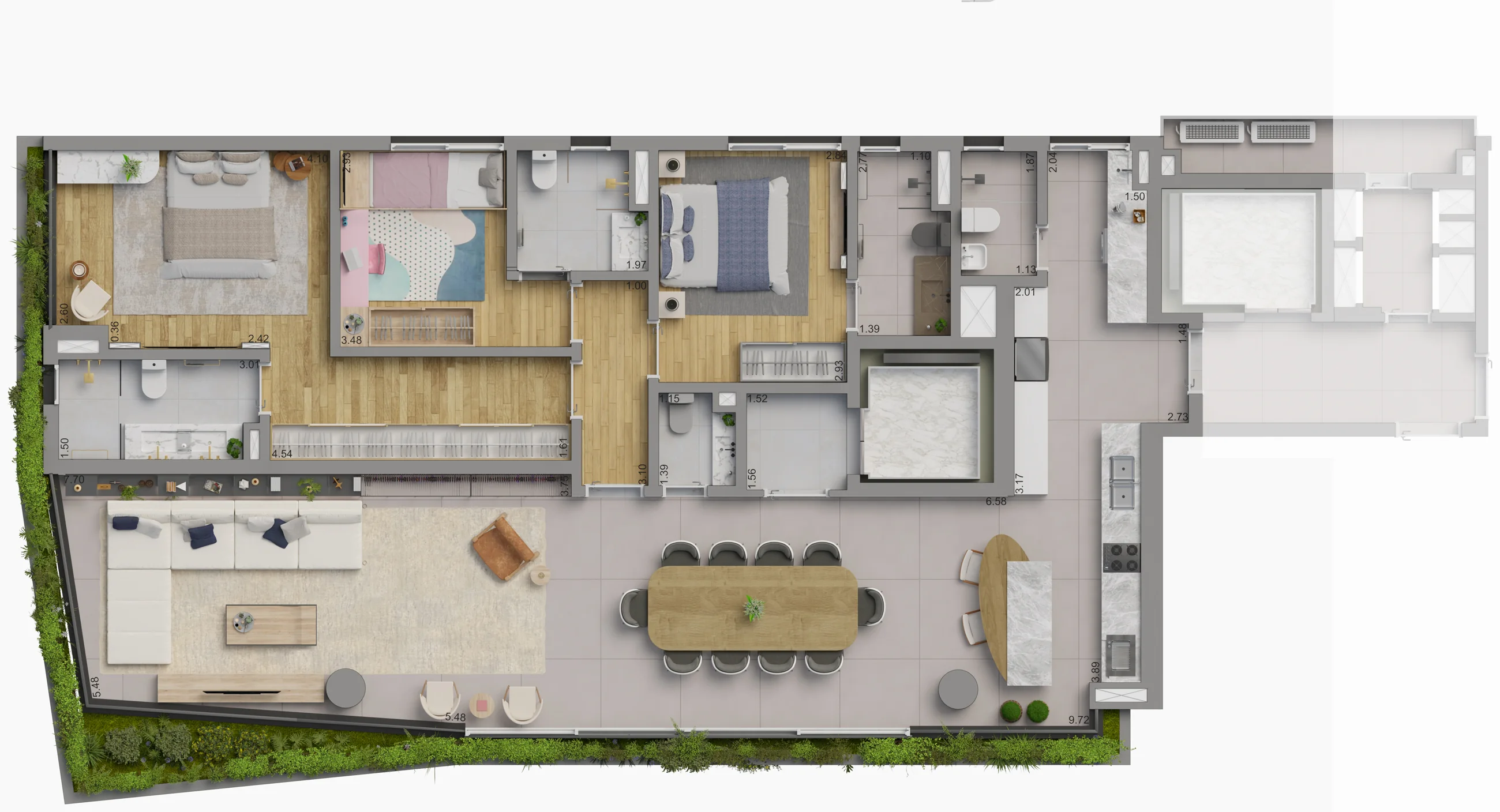 Planta do apartamento decorado, 153 m², 3 suítes, hall privativo, área técnica e depósito privativo