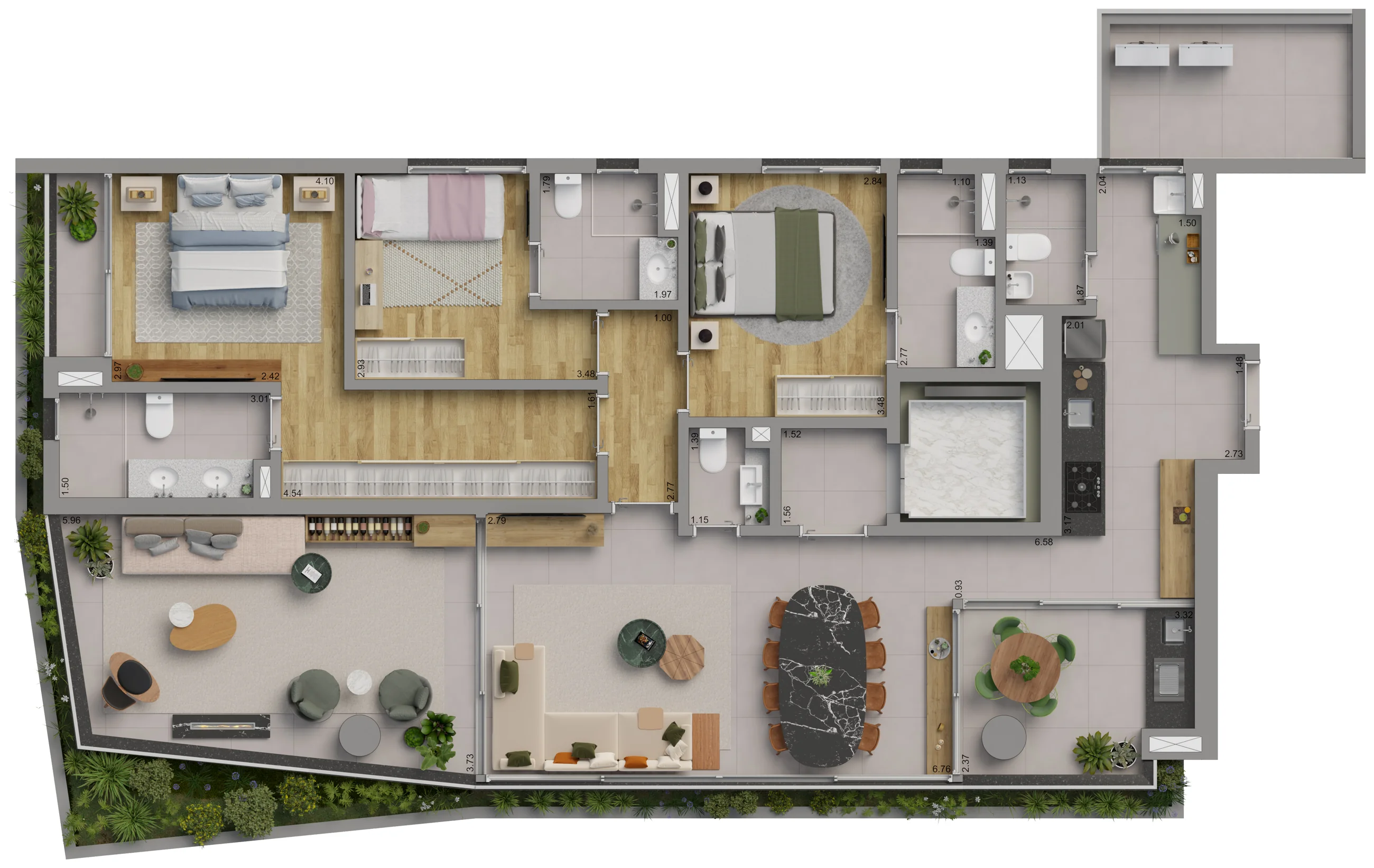 Planta do Apartamento Final 1, 159 m², 3 suítes, hall privativo, área técnica e depósito privativo
