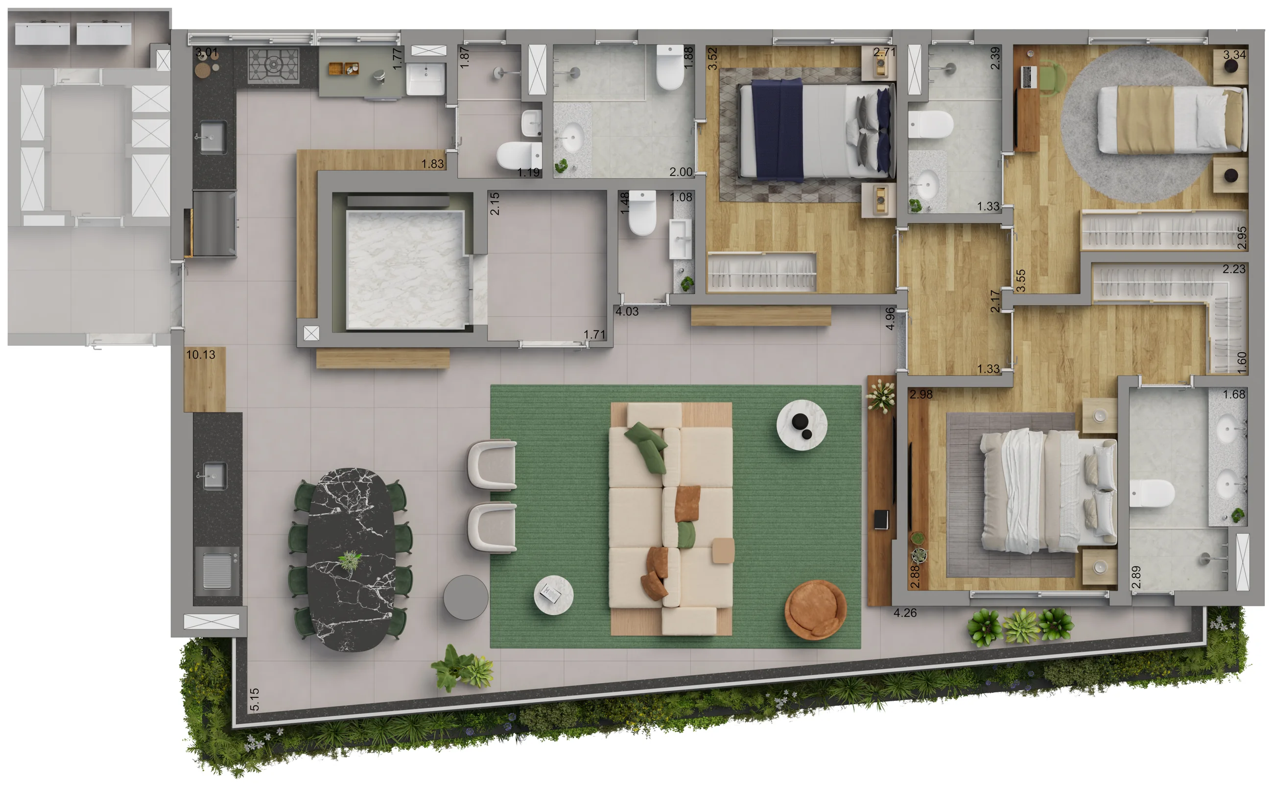 Planta do Apartamento Final 2, 142 m², 3 suítes, hall privativo, área técnica e depósito privativo
