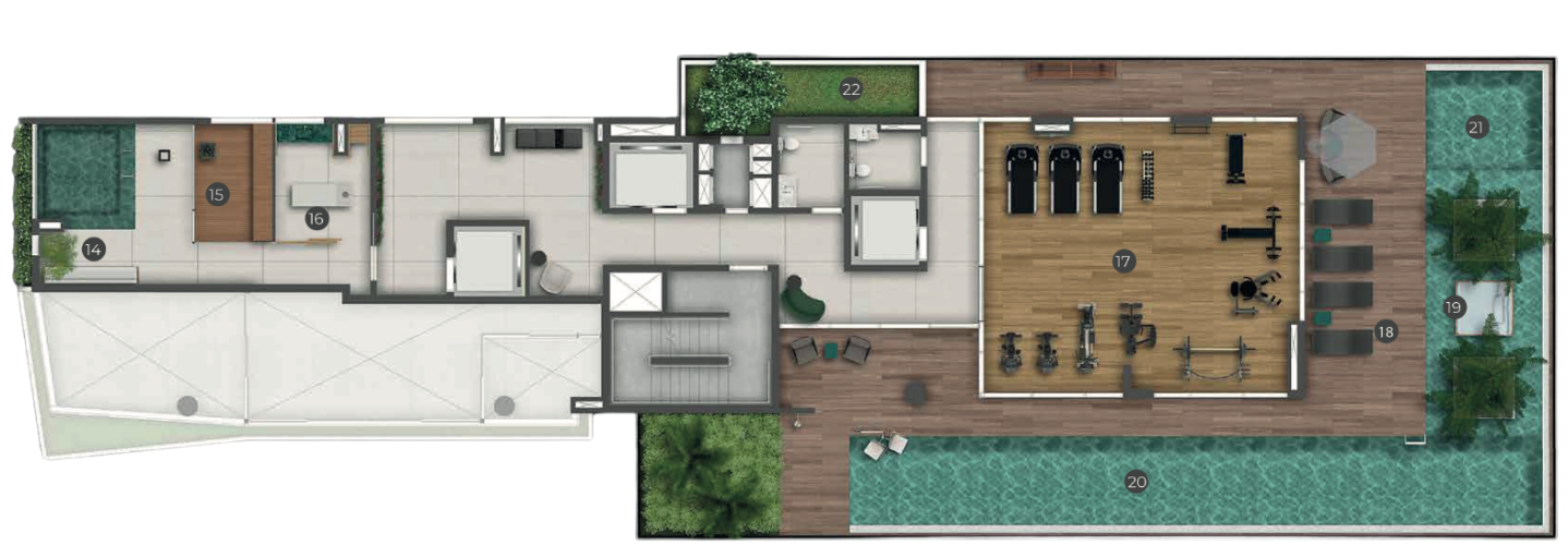 Implantação do pavimento de lazer, com spa, sauna, fitness, solarium, deck molhado e piscinas