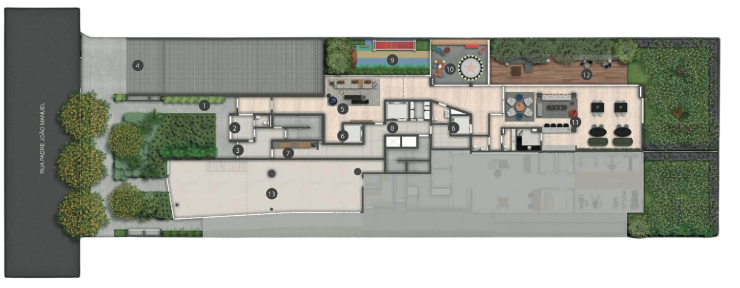 Implantação do térreo do condomínio, com acessos, hall social, playground, espaço kids, festas gourmet e open lounge